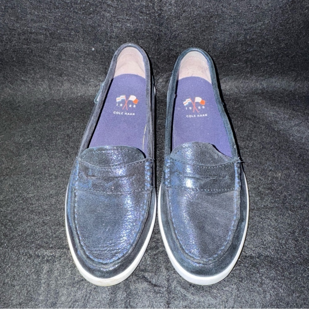 Cole Haan Blue Sparkle Fabric Slip On Penny Loafer Shoes womens size 5.5 W09709